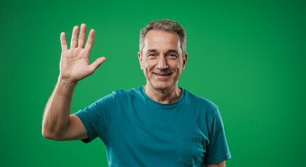 Smiling Mature Man Waves Hello Against Green Background
