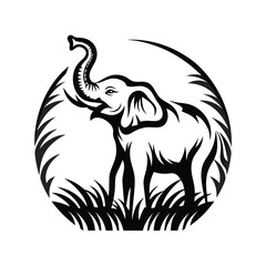 Stylized Black Elephant Silhouette in a Circular with Grass at Bottom