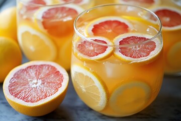 A fresh citrus punch made with oranges, grapefruits, and lemons, served chilled