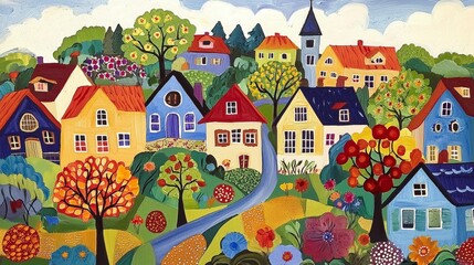 Colorful depictions of a quaint village showcase its beauty.