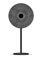 A circular, black, decorative object with a stand, resembling a stylized eye with radial lines emanating from a central black circle