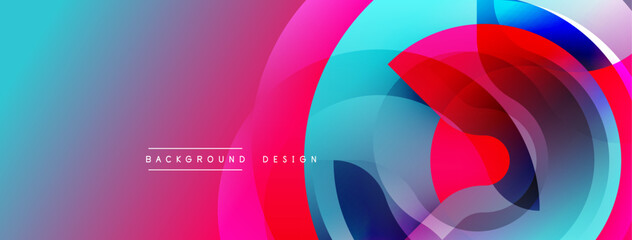 Abstract vibrant layers create dynamic composition. Circular shapes blend, forming modern background design. Colors transition smoothly.