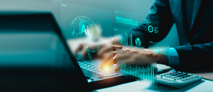 Artificial intelligence and futuristic technology analyzing financial data in real-time. Businessman using AI-powered system with digital charts for smart investment and strategic planning.