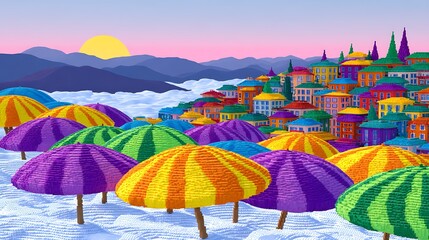A colorful village nestled in the clouds, with a row of striped umbrellas in the foreground