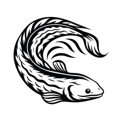 Monochrome Fish, Ornamental Betta, Curving Body, Stylized Fins, Aquatic Animal Art