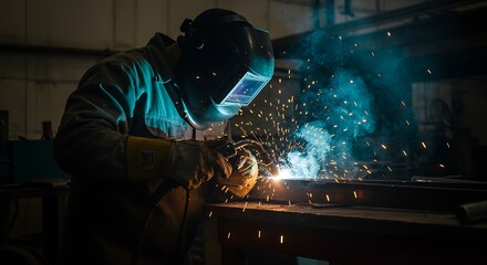 Welder's Focused Intensity: A Dramatic Industrial Scene