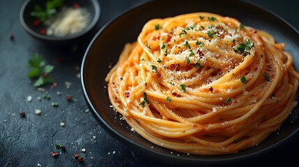Fototapeta premium Pasta with tomato sauce and Parmesan on a dark background, top view. A black plate of spaghetti Bolognese. Italian food concept. Banner with copy space for menu design or text