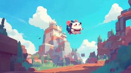 Cute panda character flying over a landscape of ruins and ancient structures. Vivid colors and simple, stylized art style