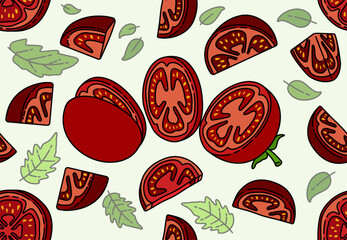 Seamless Vector Illustration of Tomato Slices with Basil Leaves for a Tasty and Aromatic Pesto Dish. Can Be Used as Background, Banner, Print, Textile, Fashion, and Food Packaging Design
