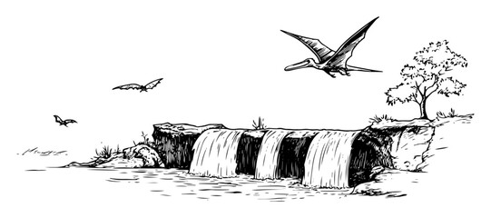 pterosaurs flying over prehistoric waterfall sketch © Kaz