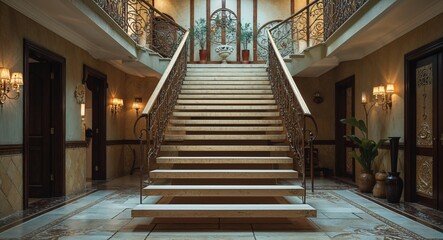 Fototapeta premium Floating staircase leading to the second floor with decorative railing background