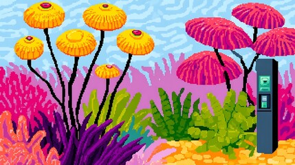 Obraz premium A colorful, pixelated landscape with large, vibrant flowers and a black vending machine
