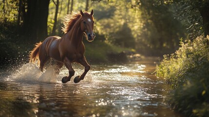 A majestic horse gallops through a serene stream in a lush forest. The sunlight filters through the trees creating a stunning scene.