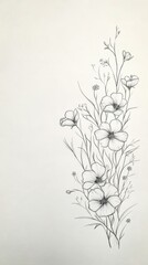 Pencil sketch, delicate flowers, stems, leaves, minimalist.