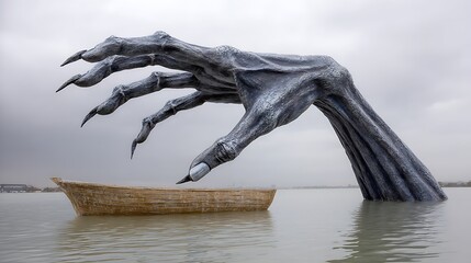 A massive, clawed hand emerges from the water, reaching for a small boat