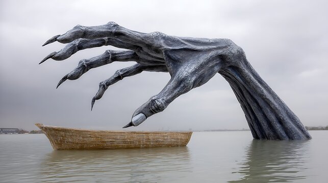 A massive, clawed hand emerges from the water, reaching for a small boat