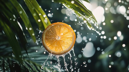 Fresh Orange Slice with Water Drops Surrounded by Tropical Leaves