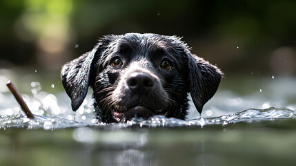 A Labrador happily swimming towards a stick in the middle of a clear, flowing river.