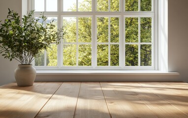 Sunlight streams through a large window, illuminating a wooden table. A small potted plant sits on the sill
