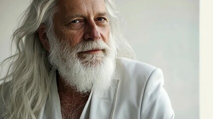 Thoughtful senior man in white suit gazing out window reflects on life's journey - Powered by Adobe