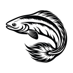 Black and White Fish Illustration, Swimming, Curled Tail, Detailed Scales, Aquatic Animal