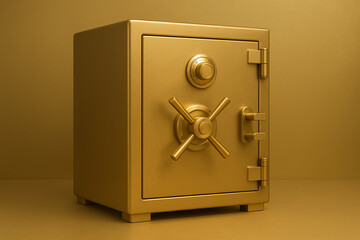 A golden safe stands proudly against a monochromatic background, symbolizing security and wealth. This image captures the essence of protection for valuable assets and treasures.