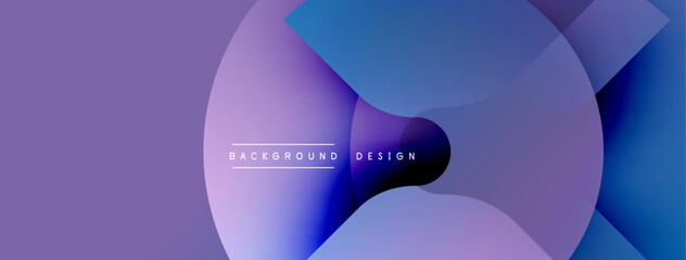 Abstract background features overlapping purple, blue layers. Modern design creates dynamic visual effect. Minimalist composition.