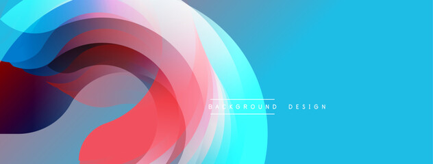 Abstract colorful layers create dynamic flowing shapes. Vivid gradients blend, forming modern background design. Smooth curves suggest movement, energy.