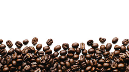 A close up of coffee beans on a white background. The beans are scattered and some are piled up