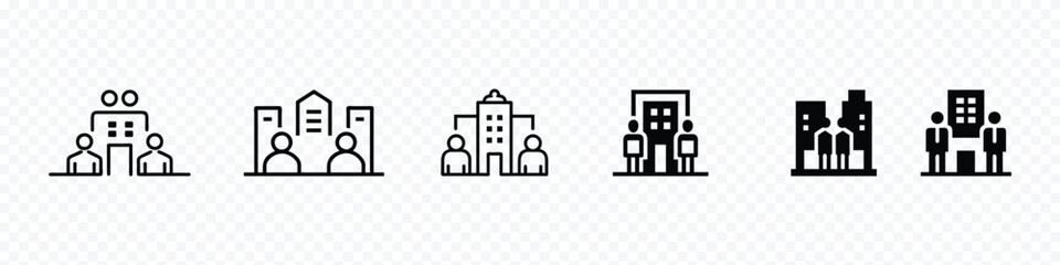 Fototapeta premium Corporate Office Building Icon – Two Businesspeople Standing Together Symbol, building icon set. a building with two people standing icon