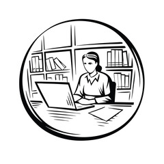 Woman Working on Laptop in Office, Bookcase Background. Black and White