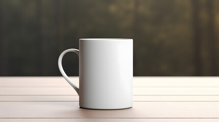 Fototapeta premium A white coffee mug sits on a wooden table