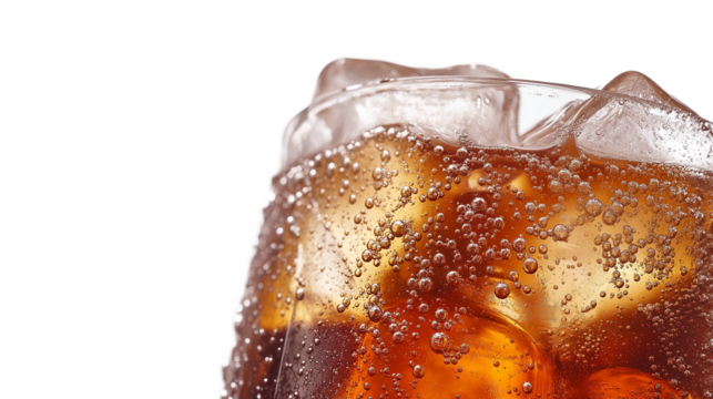 A glass of soda with ice cubes in it. The bubbles in the soda are visible and the ice cubes are melting