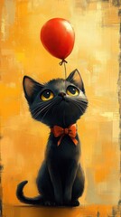 Cute black cat with red balloon (2)