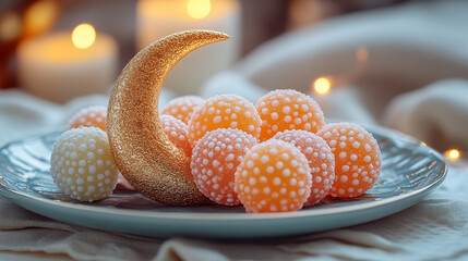 Decorative gold crescent moon and pastel-colored treats on a plate, surrounded by warm candlelight.