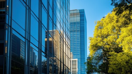 Obraz premium Modern skyscrapers reflecting sunlight against a clear blue sky with vibrant green trees