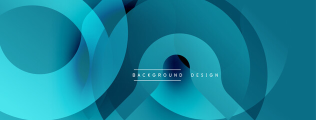 Abstract blue layers create dynamic circular pattern. Modern design evokes depth, fluidity, sophistication. Minimalist aesthetic.