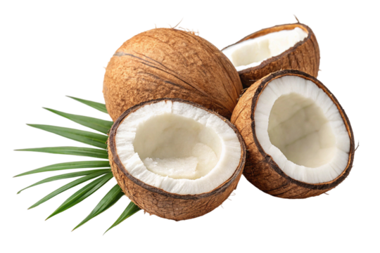 A halved brown coco fruit with a hard shell is isolated on a white background, showcasing its fresh, natural texture and potential for healthy, tropical milk and diet uses