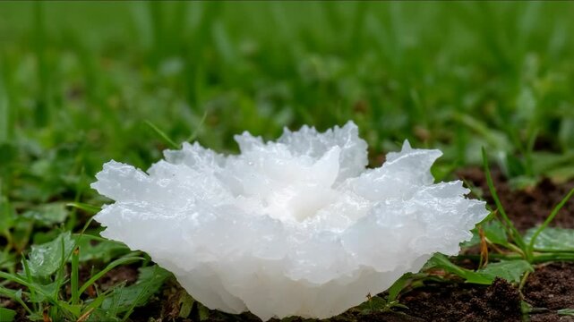 Tremella fuciformis, also known as snow fungus or white jelly mushroom growing on soil with green grass in a natural setting.