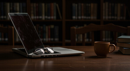 Open laptop with eyeglasses, coffee cup, and stacked books on wooden table in a cozy library
