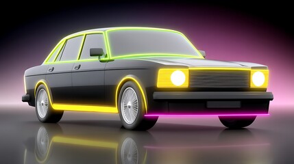 A black sedan with neon yellow and pink accents, reflecting on a glossy surface