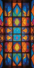 Vibrant stained glass window featuring an array of colorful geometric shapes, including triangles, circles, and squares, casting a kaleidoscope of light.
