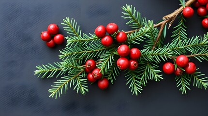 Elegant Christmas Pine Branch with Bright Red Berries on a Dark Gray Background for Holiday Decor
