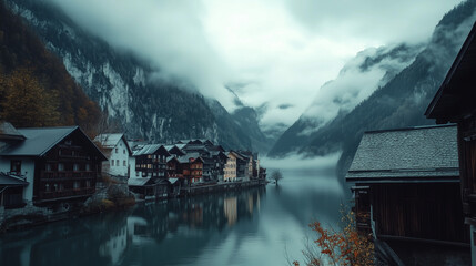 Fototapeta premium beautiful old town village in mountain valley near lake for wallpaper