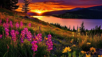 Obraz premium Tranquil waters reflect the colorful sky during sunset.