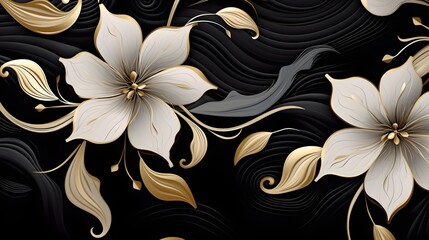 A black and white floral design with gold accents