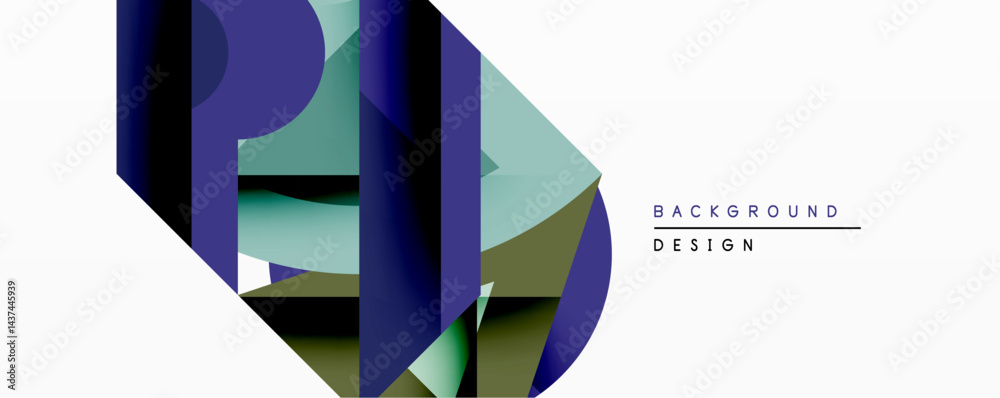 Poster Abstract geometric composition. Overlapping shapes create dynamic visual effect. Blue, green, black hues dominate design. Minimalist style, modern aesthetic.