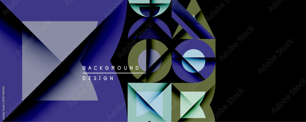 Poster Abstract geometric composition. Overlapping shapes create dynamic visual effect. Dark background emphasizes vibrant blues, greens, whites. Modern design element.