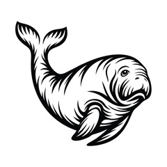 Black and White Dugong Illustration, Swimming Sea Cow, Isolated, Marine Animal Art