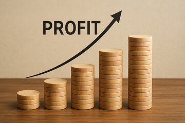 A visual representation of growing profit, featuring stacked wooden coins with an upward arrow indicating financial success and growth in the business sector.